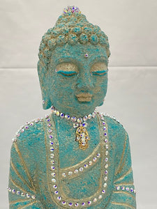 MEDITATION BUDDHA/SERENITY CALMING/ Large Aurora Borealis Swarovski Crystals Adorn this Buddha W 10” L 5.5” H 14”