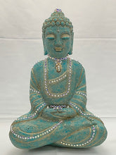 Load image into Gallery viewer, MEDITATION BUDDHA/SERENITY CALMING/ Large Aurora Borealis Swarovski Crystals Adorn this Buddha W 10” L 5.5” H 14”