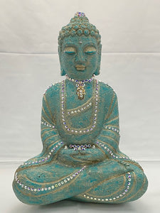 MEDITATION BUDDHA/SERENITY CALMING/ Large Aurora Borealis Swarovski Crystals Adorn this Buddha W 10” L 5.5” H 14”