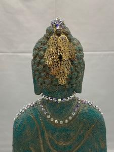 MEDITATION BUDDHA/SERENITY CALMING/ Large Aurora Borealis Swarovski Crystals Adorn this Buddha W 10” L 5.5” H 14”