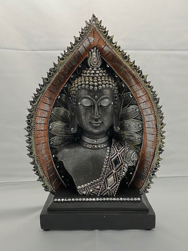 EARTH TOUCHING BUDDHA OF ENLIGHTENMENT / Embossed w/Swarovski Crystals / Resin W 7” L 5.5” H 12”