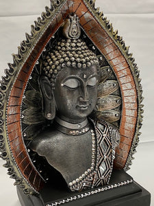 EARTH TOUCHING BUDDHA OF ENLIGHTENMENT / Embossed w/Swarovski Crystals / Resin W 7” L 5.5” H 12”