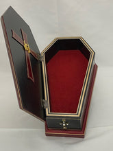 Load image into Gallery viewer, WOODEN SKULL COFFIN VELVET LINED 16”